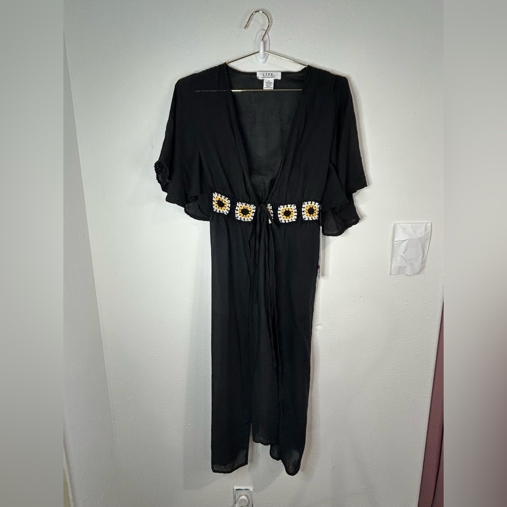 LIFE Love Is For Eternity Black Kimono Cover Up | Crochet Daisy Trim Beachwear M